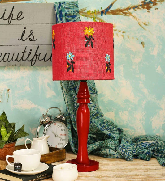 Wooden Red Lamp with Embroided Flowers Jute Lamp Shade