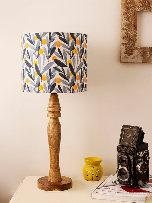 Wooden Round Lamp with Leafy Print Lamp Shade