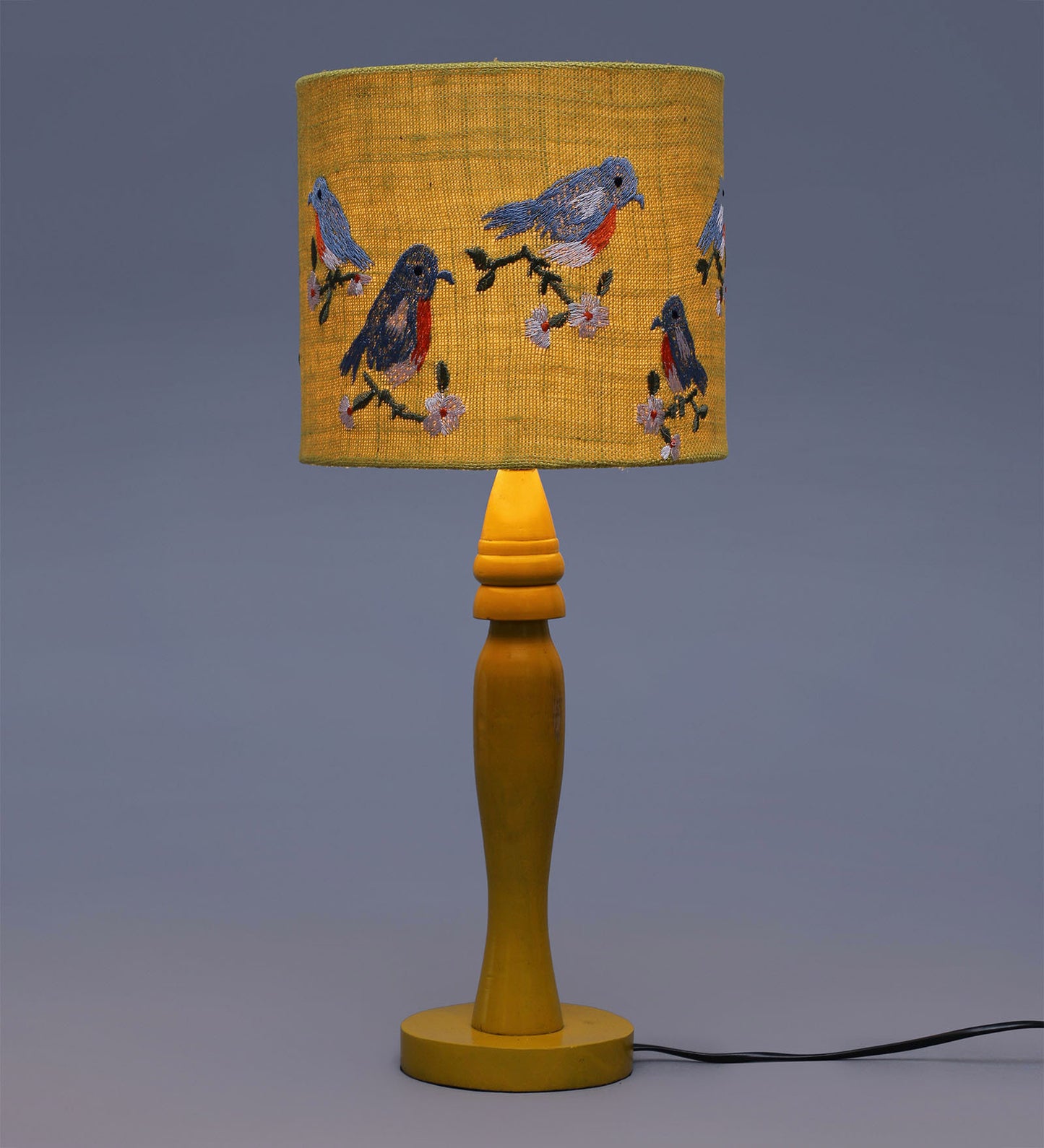Wooden Yellow Lamp with Embroided Blue Birds Jute Lamp Shade