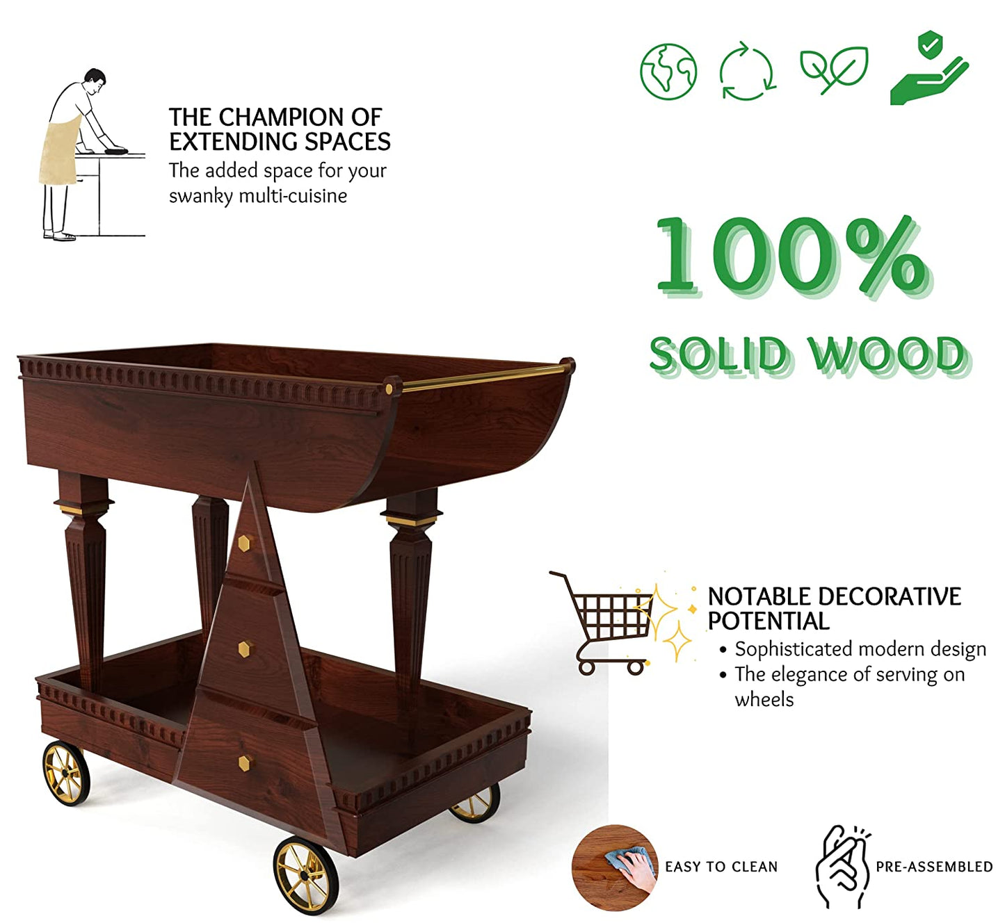 Luxe 2-Tier Wooden Serving Trolley